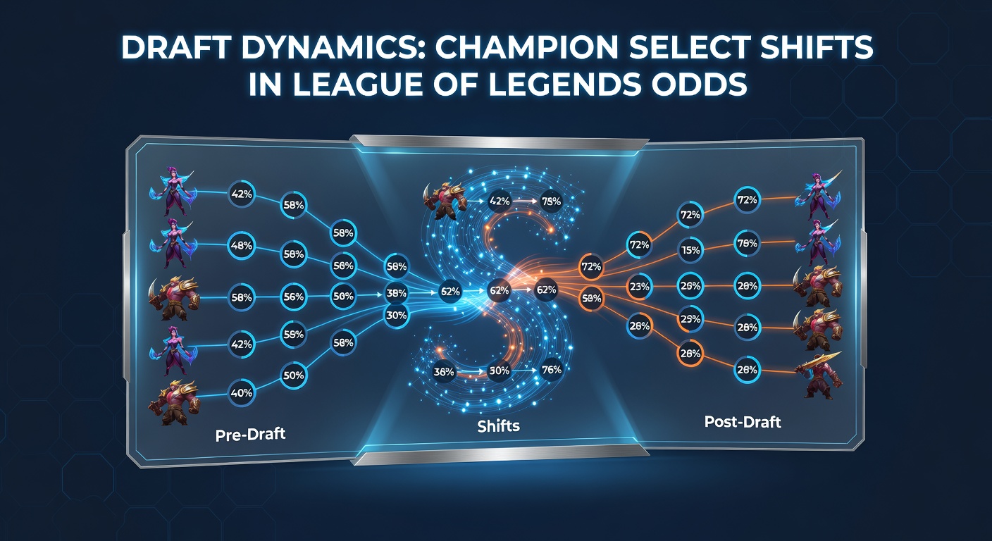 Champion-Select-Bildschirm während eines League-of-Legends-Matches mit Bans und Picks, die Quoten in Echtzeit beeinflussen