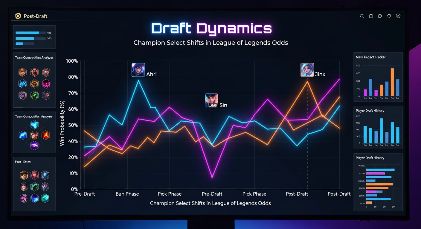 Detaillierte Grafik zu Quote-Schwankungen während des Champion Selects in einem LoL-Turnier, mit Linien für Teams und Champions