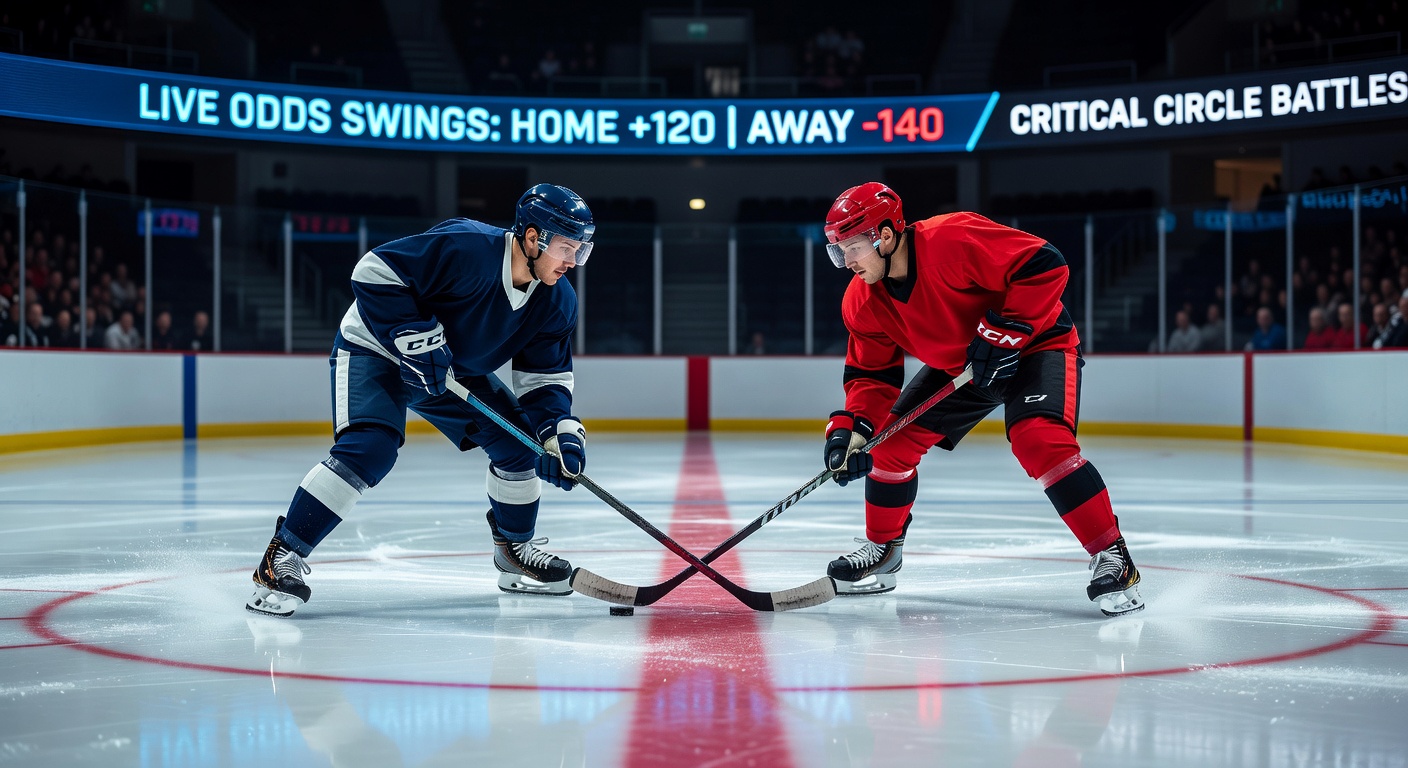 Intensiver Faceoff im Eishockey-Match mit Spielern in Position am Bully-Kreis, Schiedsrichter pfeift ein