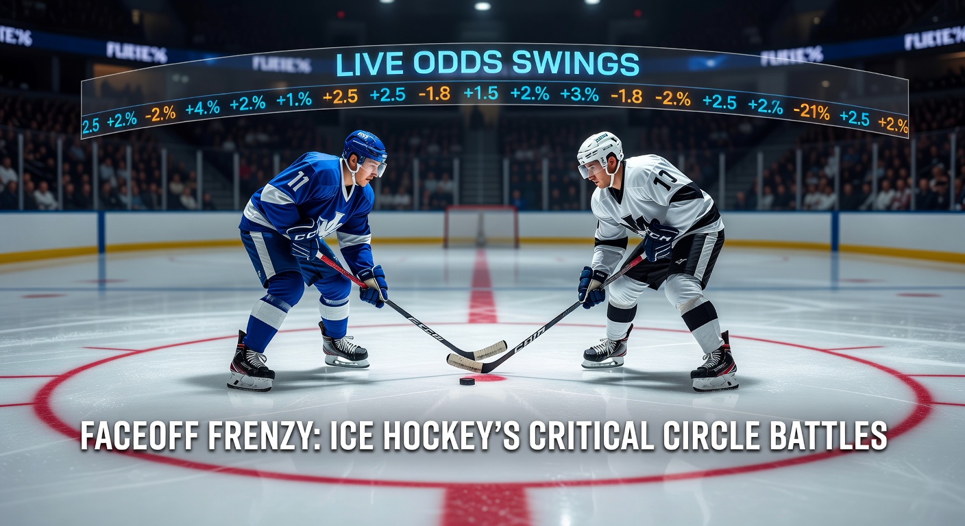 Dynamische Live-Quoten-Anzeige während eines Eishockey-Faceoffs mit Schwankungen in Echtzeit auf Wettplattform