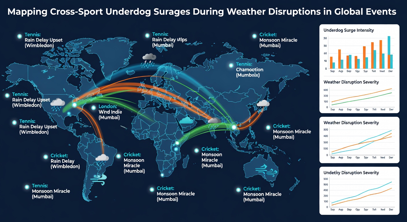 Detaillierte Karten zeigen, wie Wetterstörungen in globalen Events zu Underdog-Anstiegen führen und Quotenverläufe über mehrere Sportarten beeinflussen